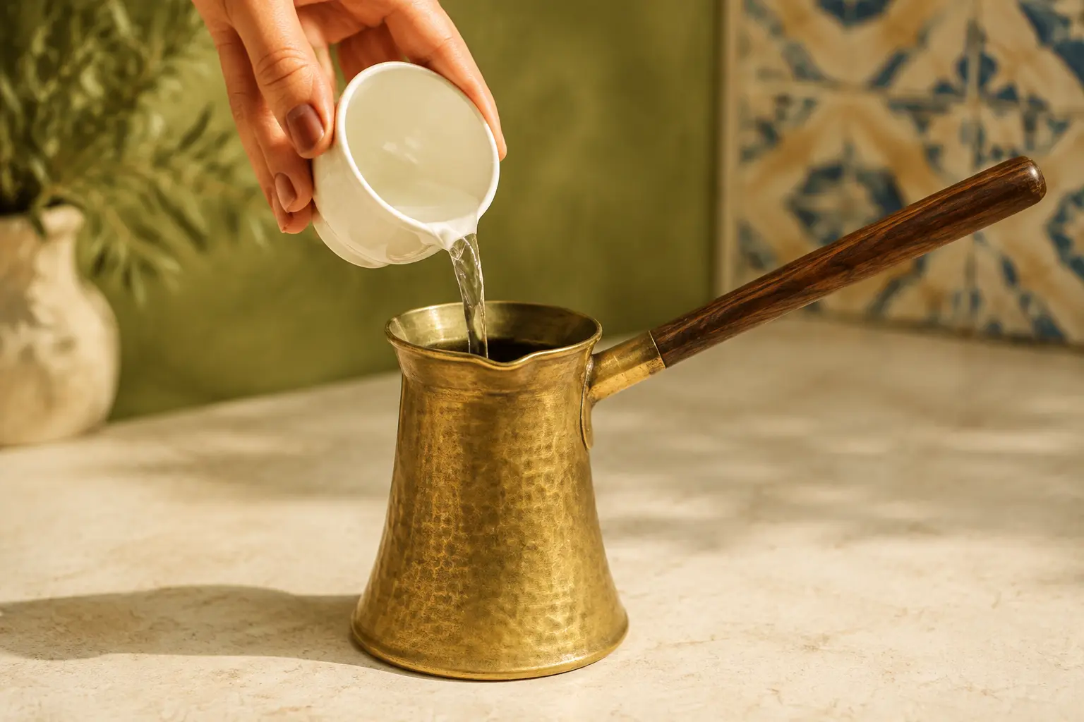 Cold water being measured into a Greek briki