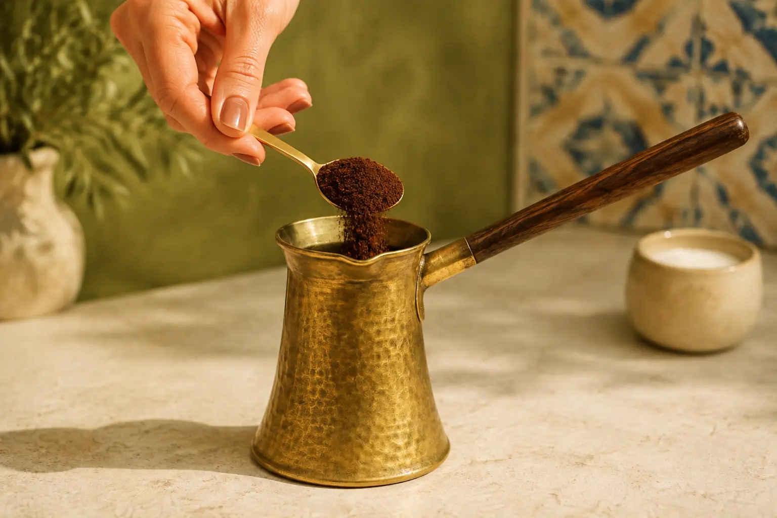Fine cardamom coffee being added to a briki