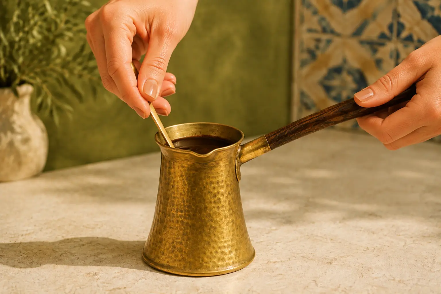 Cardamom coffee being stirred before heating