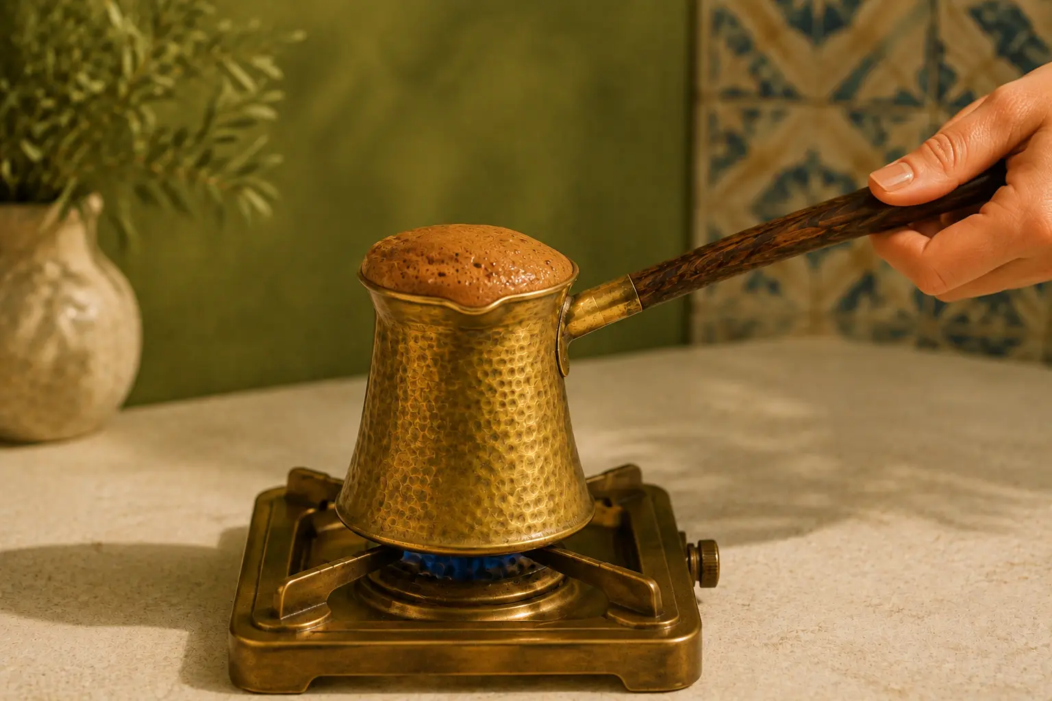 Coffee foam rising in a brass Greek briki