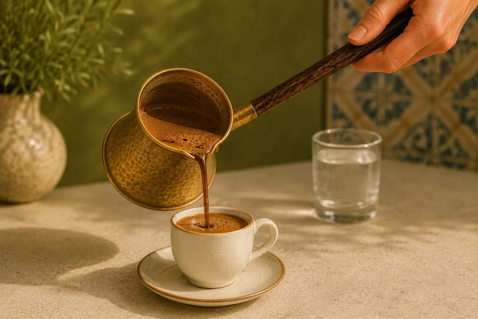 Cardamom coffee being poured from a briki