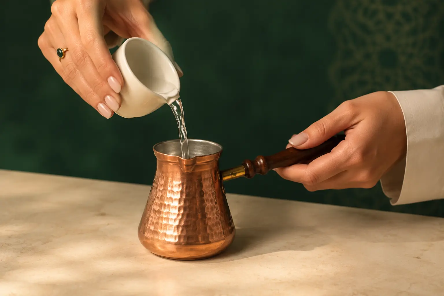 Cold water being measured into a copper cezve