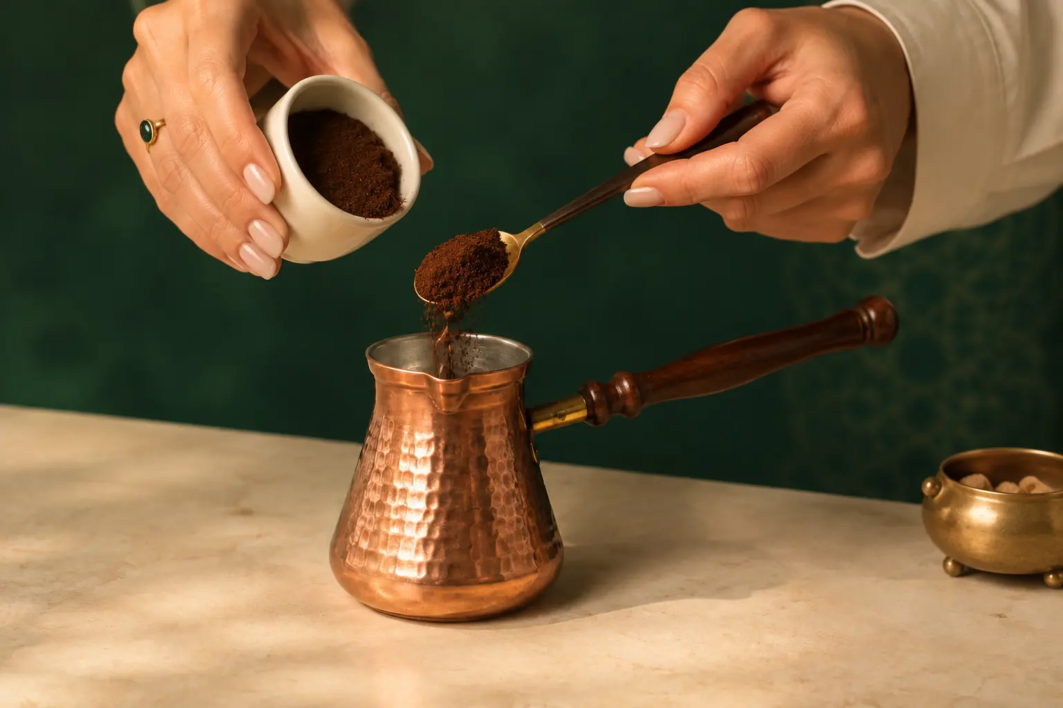 Finely ground coffee being added to a cezve