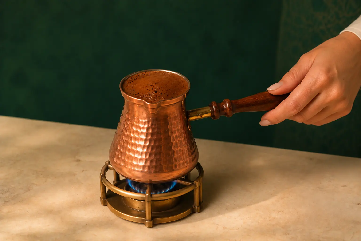 Turkish coffee foam rising over low heat