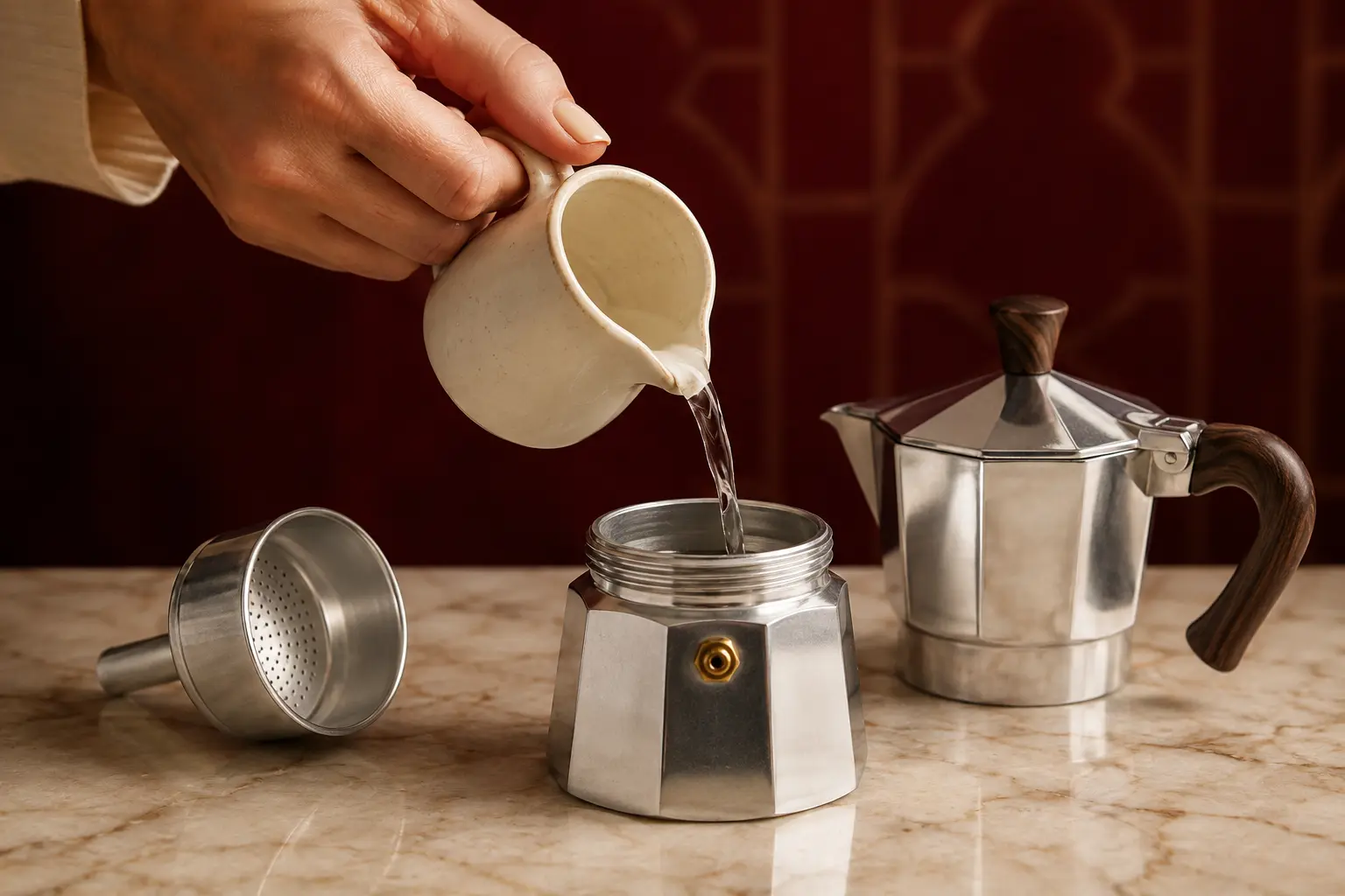 Water being poured into the lower chamber of a moka pot