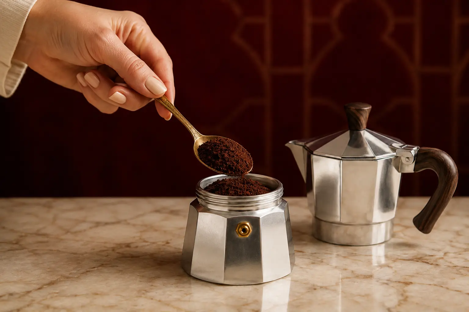 Medium-fine coffee being added to a moka pot basket