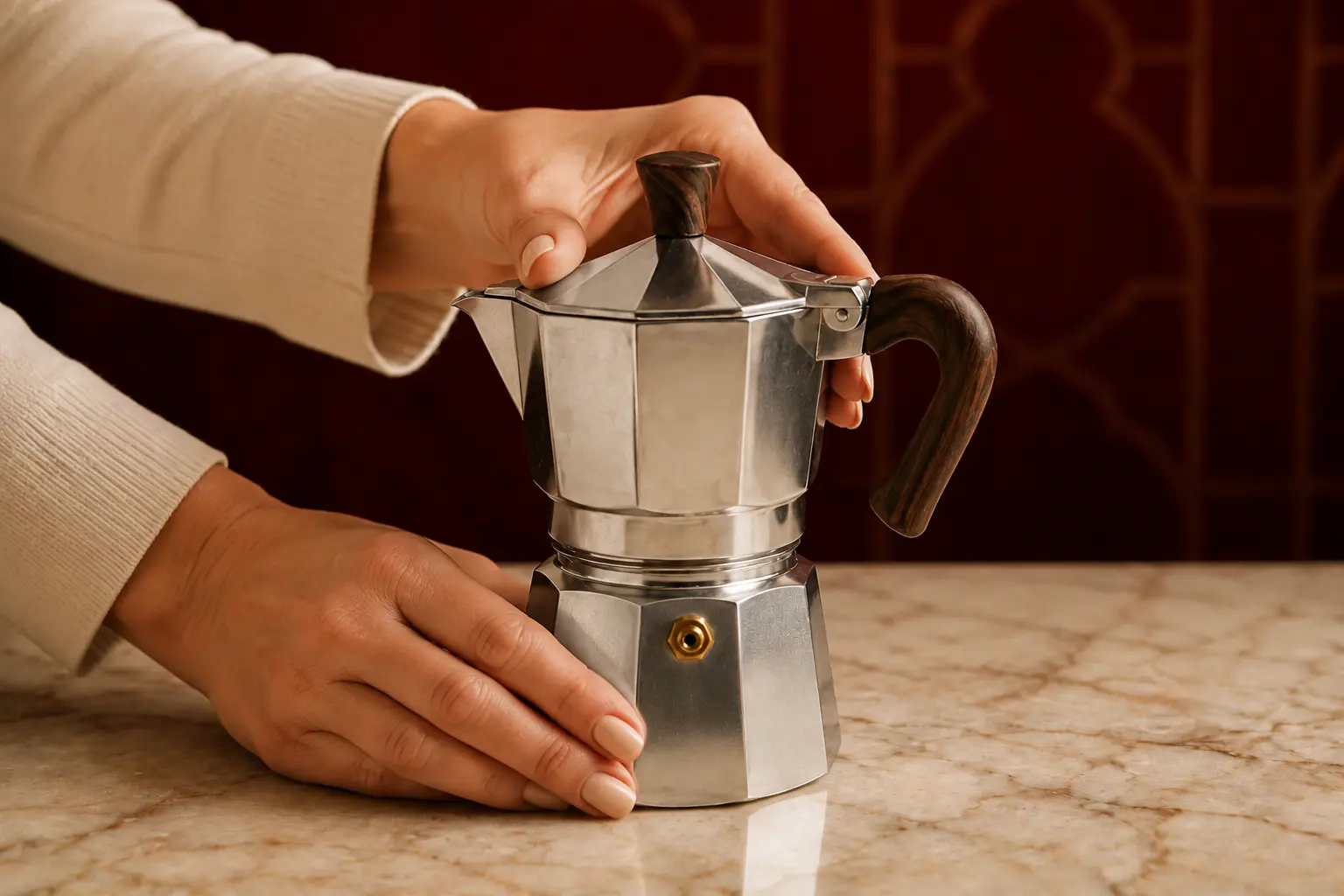 The two chambers of a moka pot being assembled