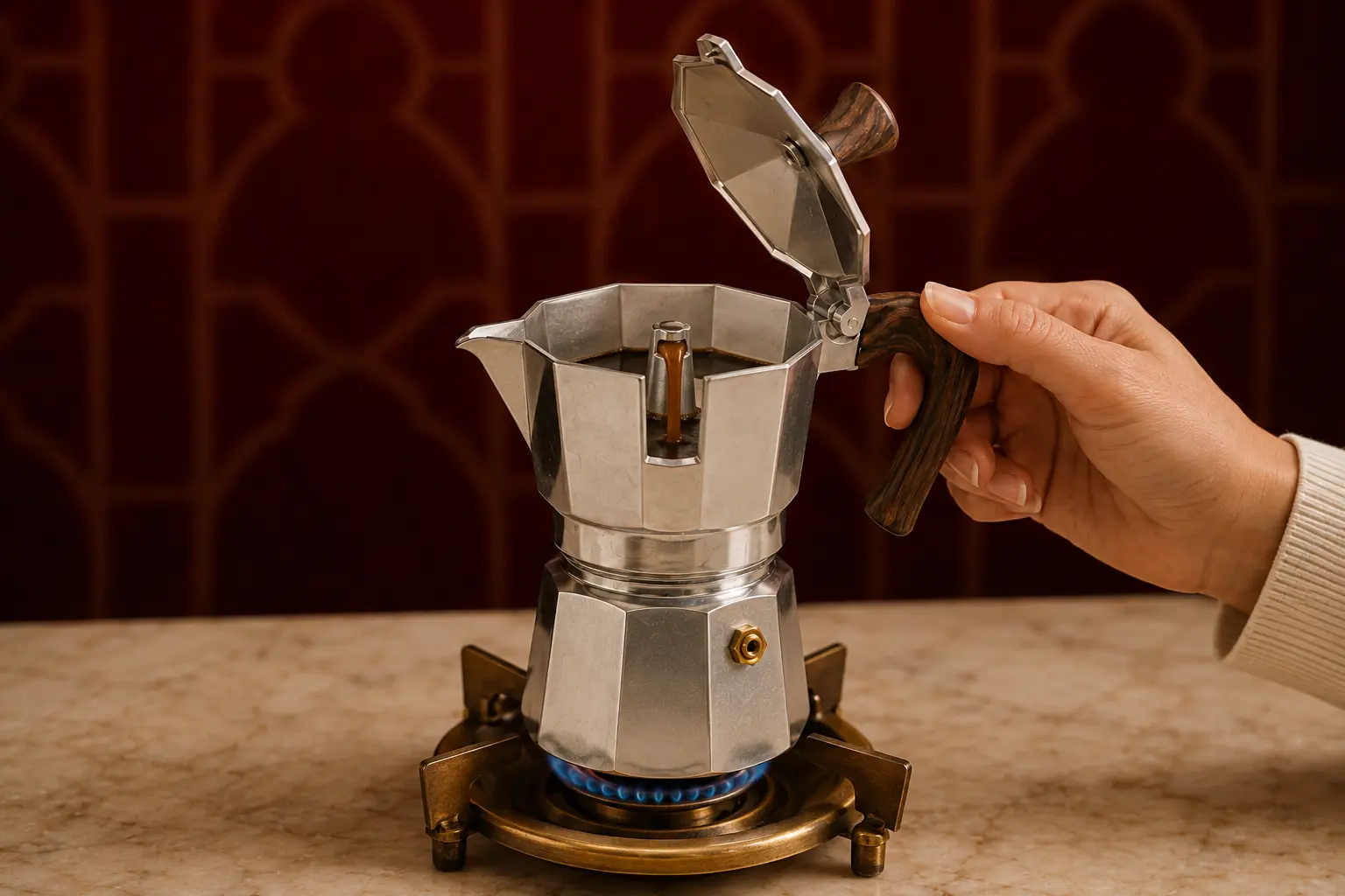Coffee flowing into the upper chamber of a moka pot