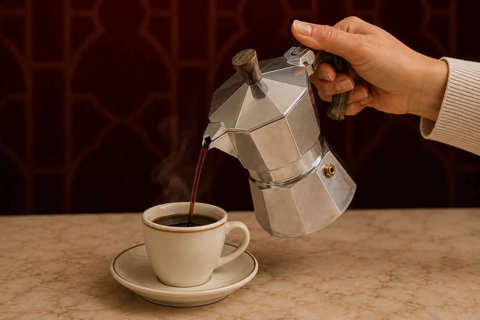 Moka pot coffee being poured into a small cup