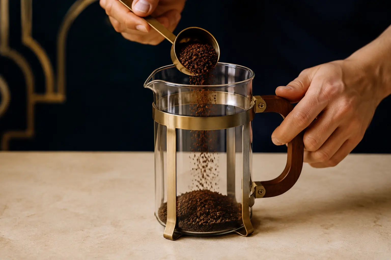 Coarse coffee being measured into a French press