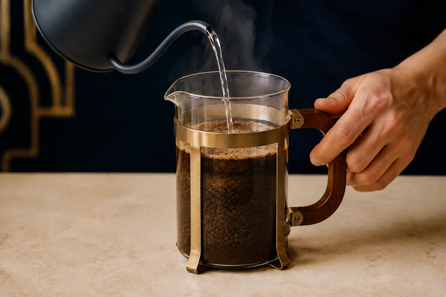 Hot water being poured into a French press