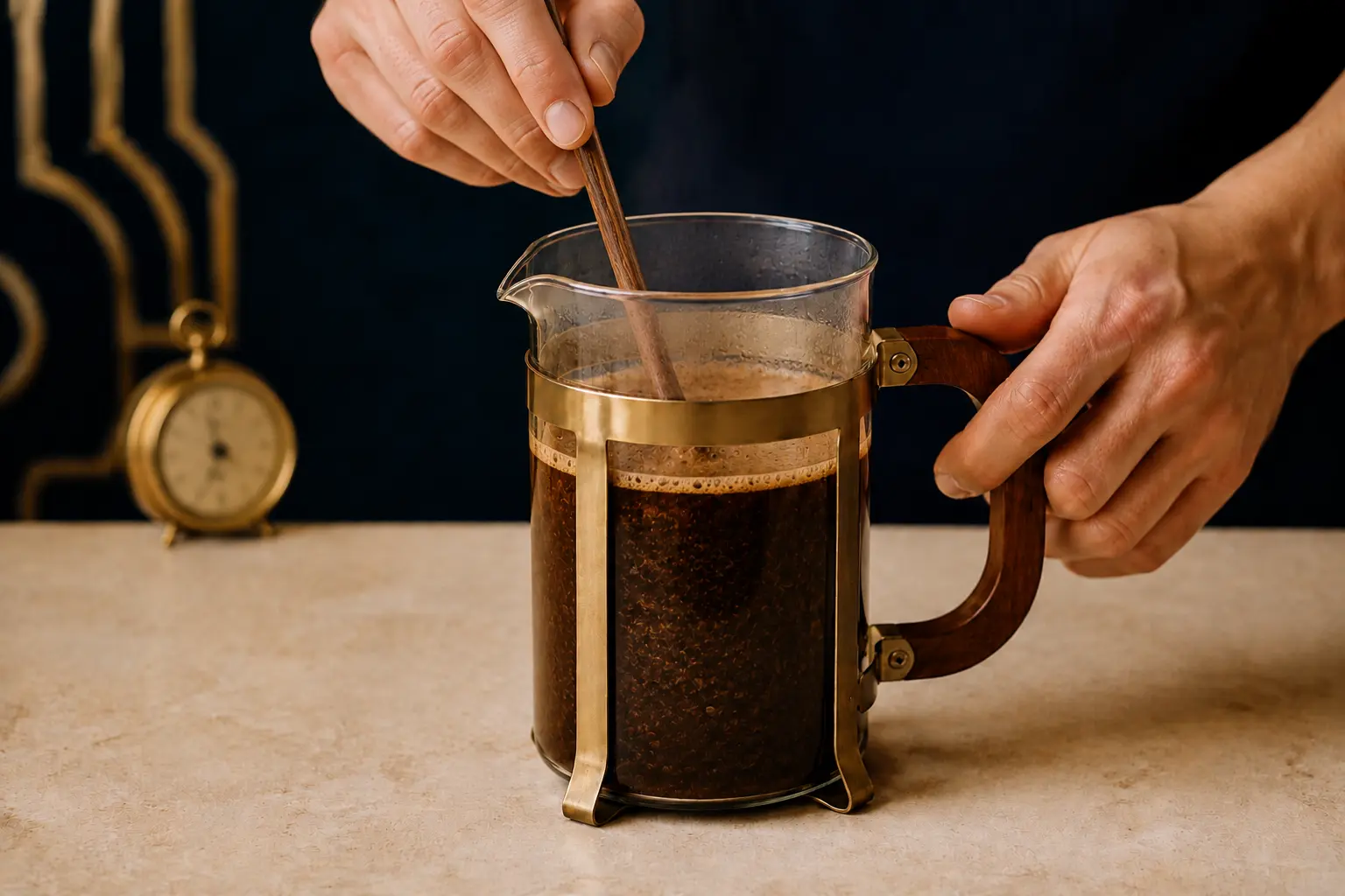 Coffee being gently stirred in a French press