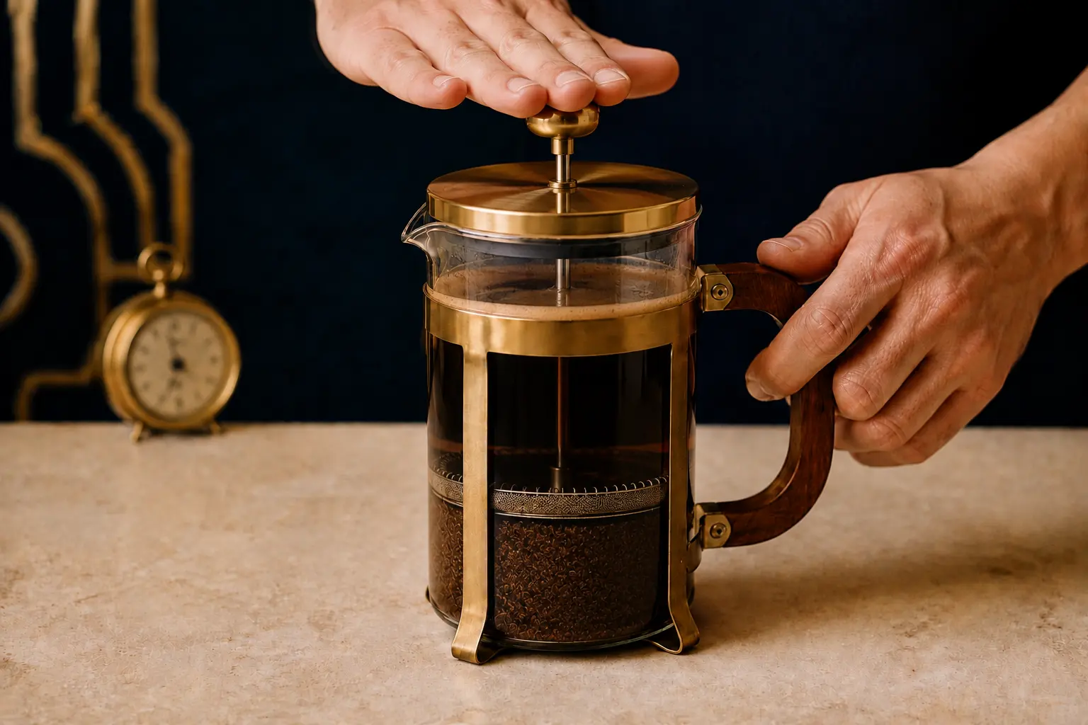 French press plunger being pressed slowly