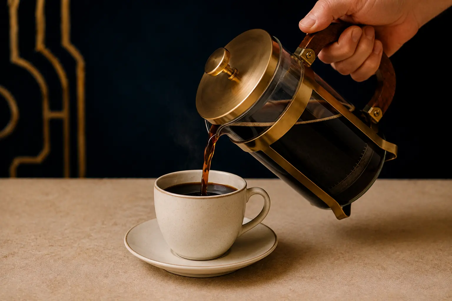 French press coffee being poured into a cup